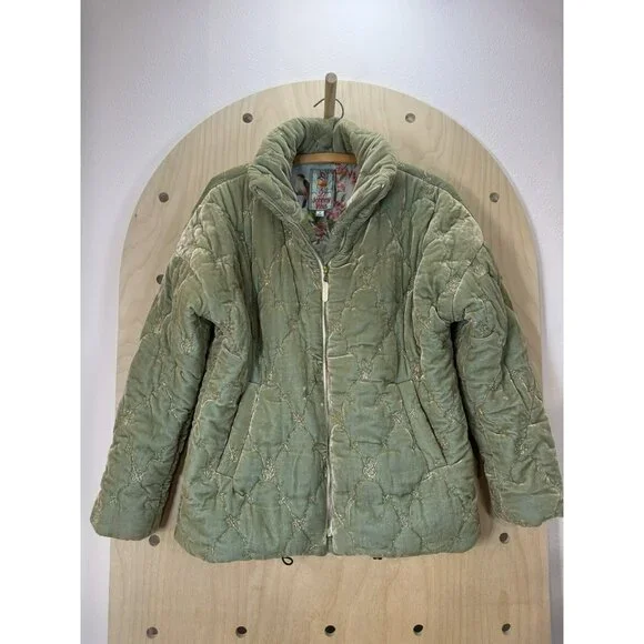 EUC Johnny Was Zaelia Lux Quilted Velvet Puffer Mint Green Coat Gold Trim XS/S - Picture 3 of 16